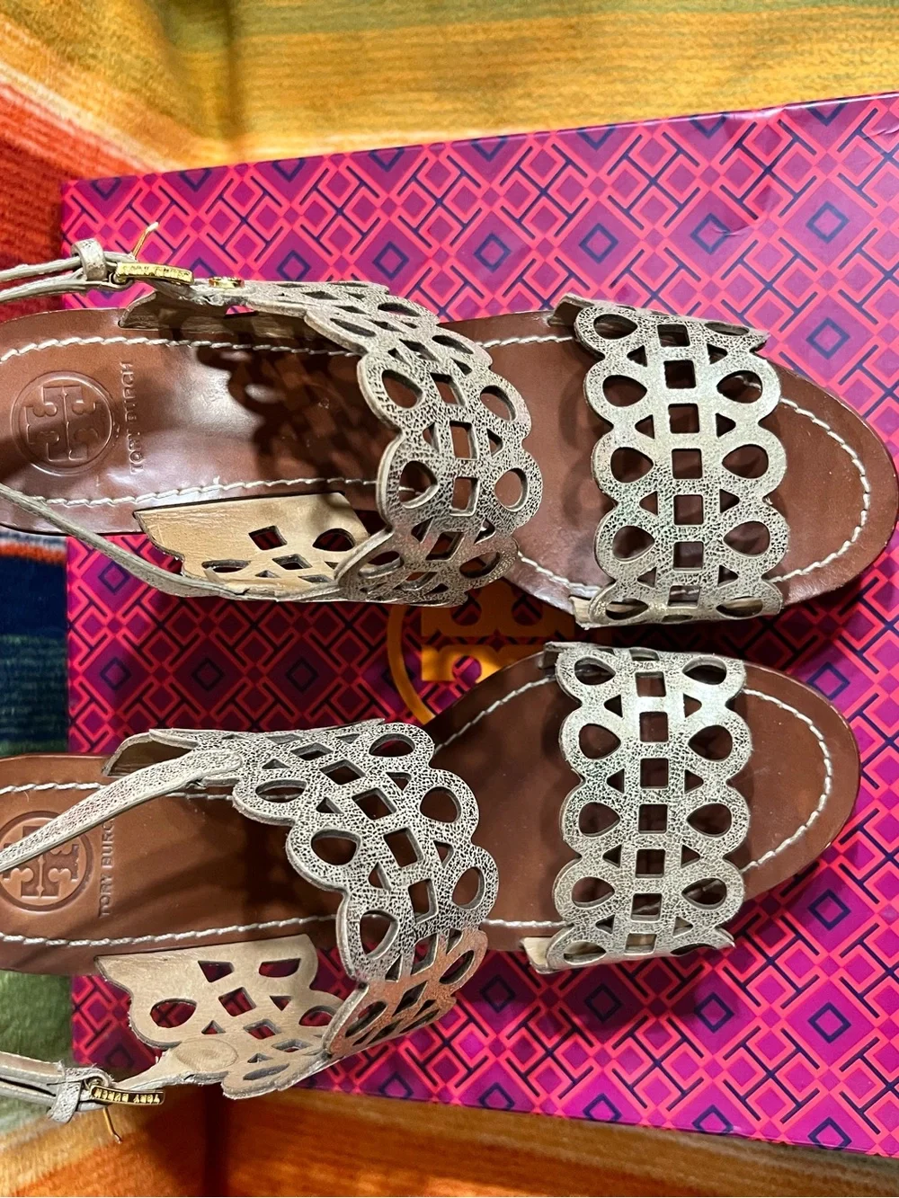 Tory Burch Platinum Laser-Cut Cork Wedge Sandals